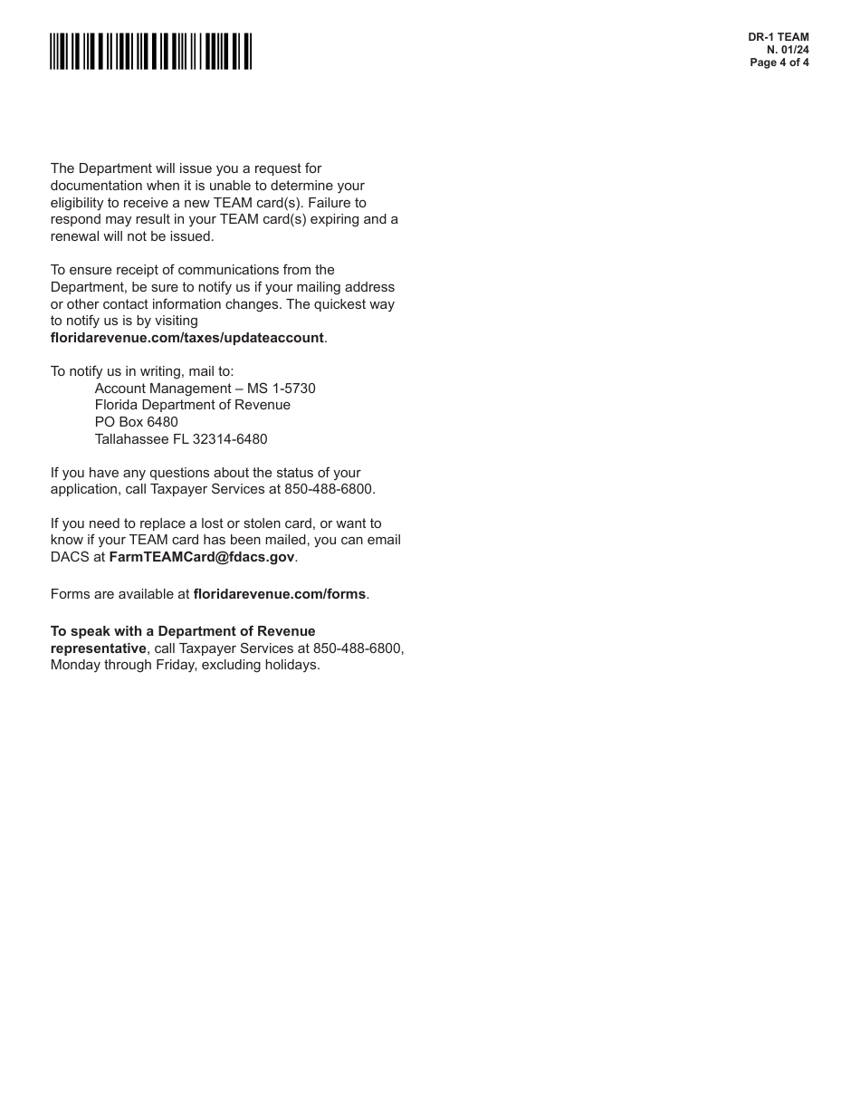 Form DR-1 TEAM Application for a Florida Farm Tax Exempt Agricultural Materials (Team) Card - Florida, Page 4