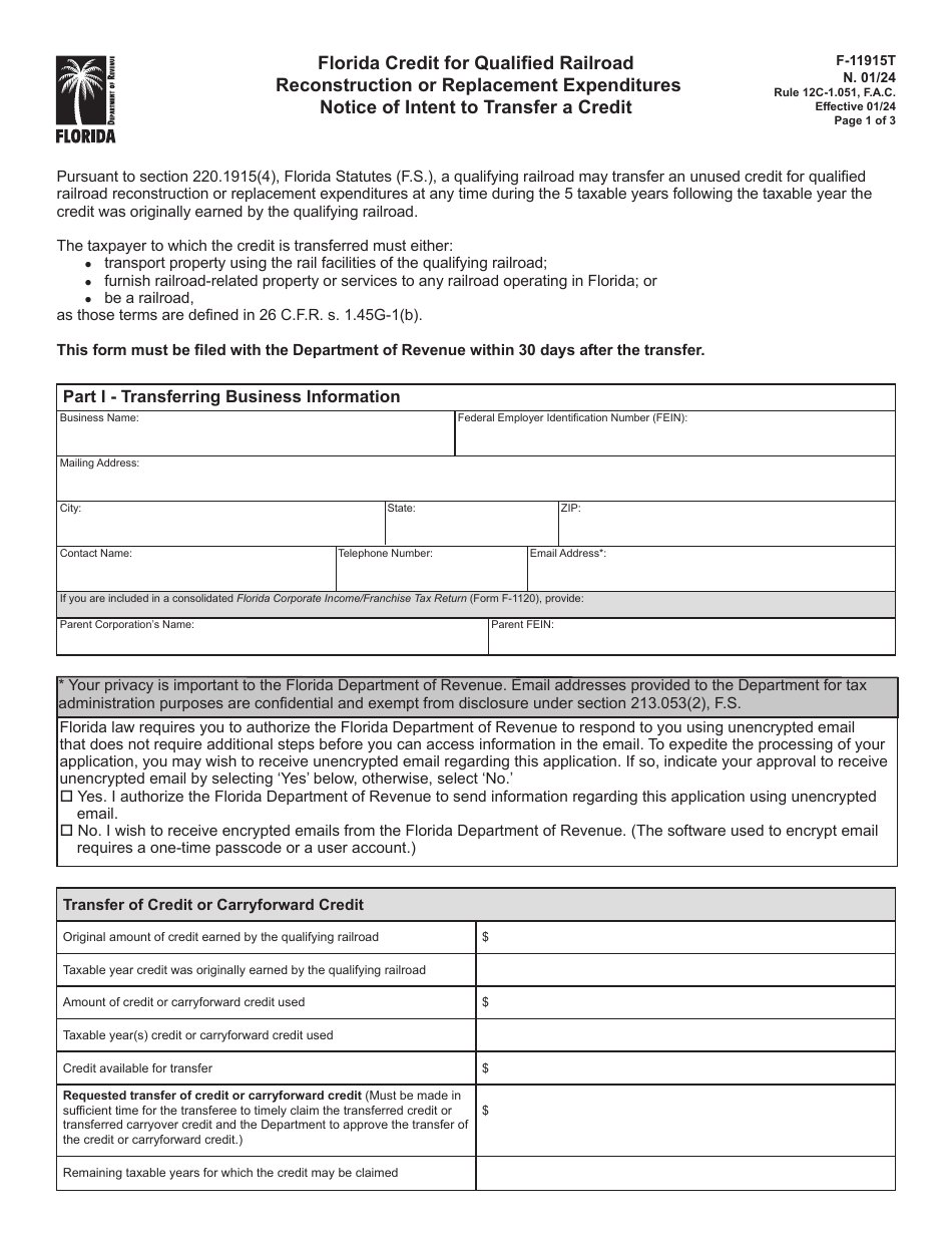 Form F-11915T Notice of Intent to Transfer a Credit - Reconstruction or Replacement Expenditures - Florida, Page 1