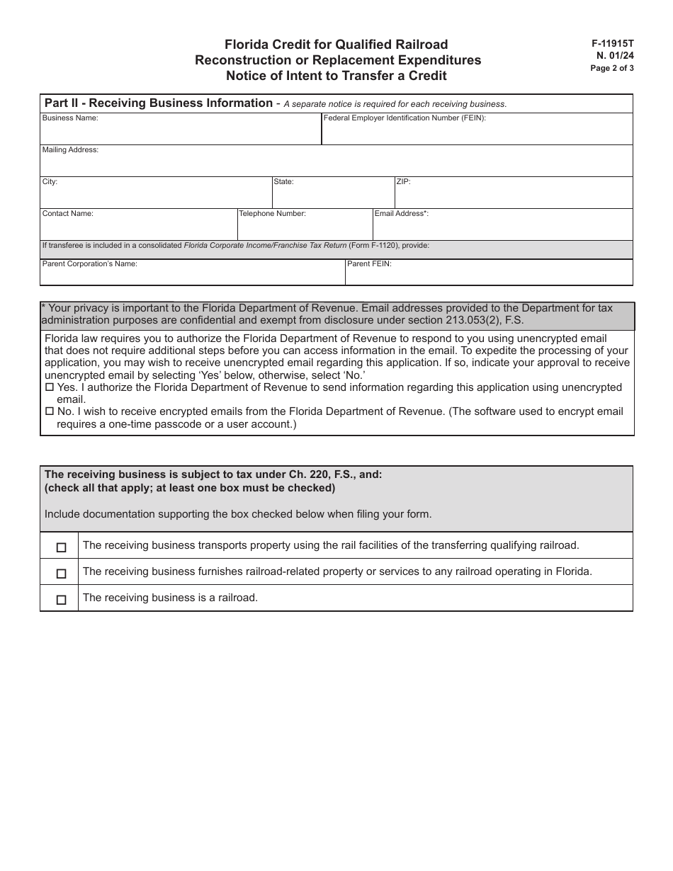 Form F-11915T Notice of Intent to Transfer a Credit - Reconstruction or Replacement Expenditures - Florida, Page 2