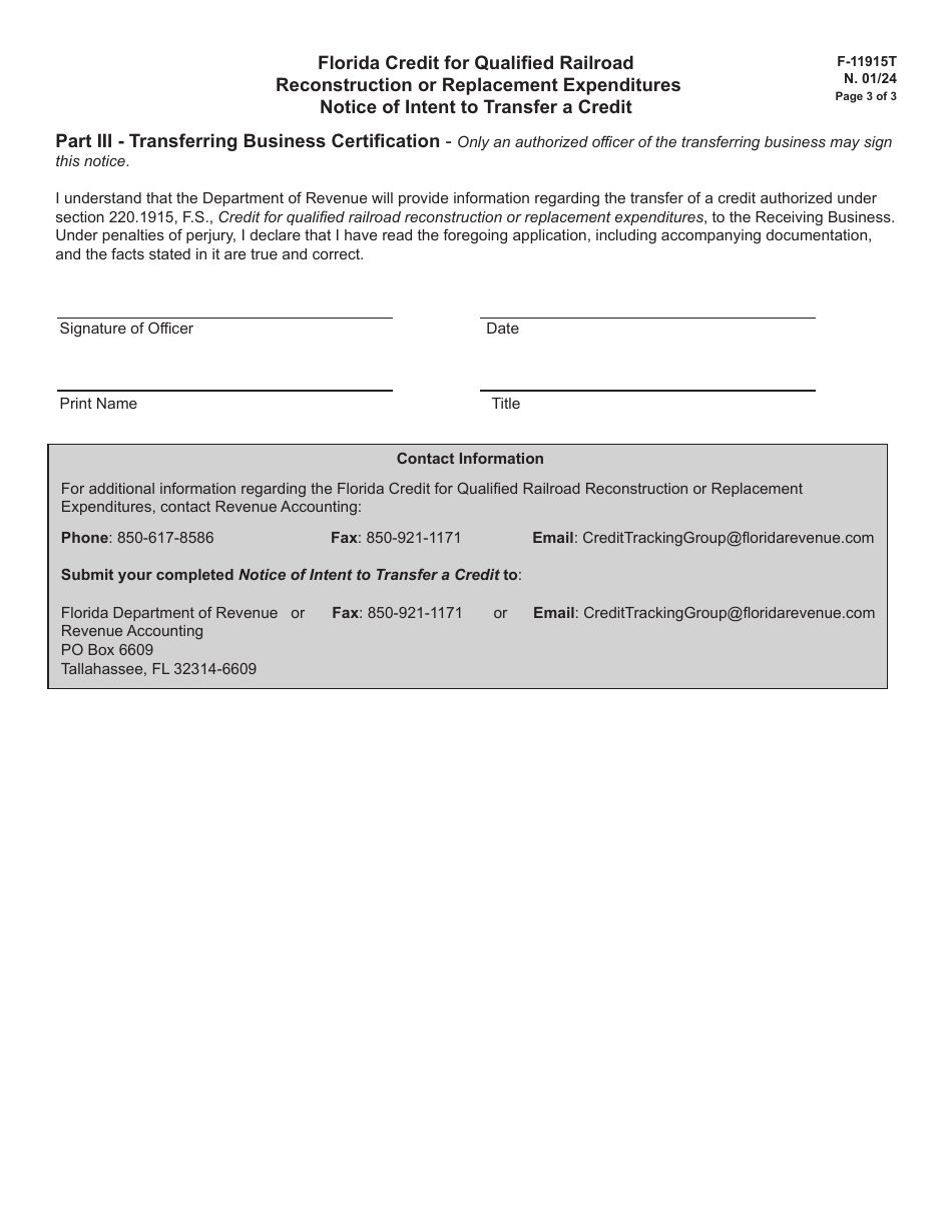 Form F-11915T Notice of Intent to Transfer a Credit - Reconstruction or Replacement Expenditures - Florida, Page 3