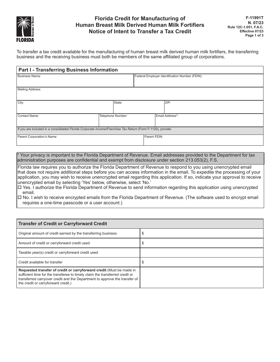 Form F-11991T Florida Credit for Manufacturing of Human Breast Milk Derived Human Milk Fortifiers Notice of Intent to Transfer a Tax Credit - Florida, Page 1