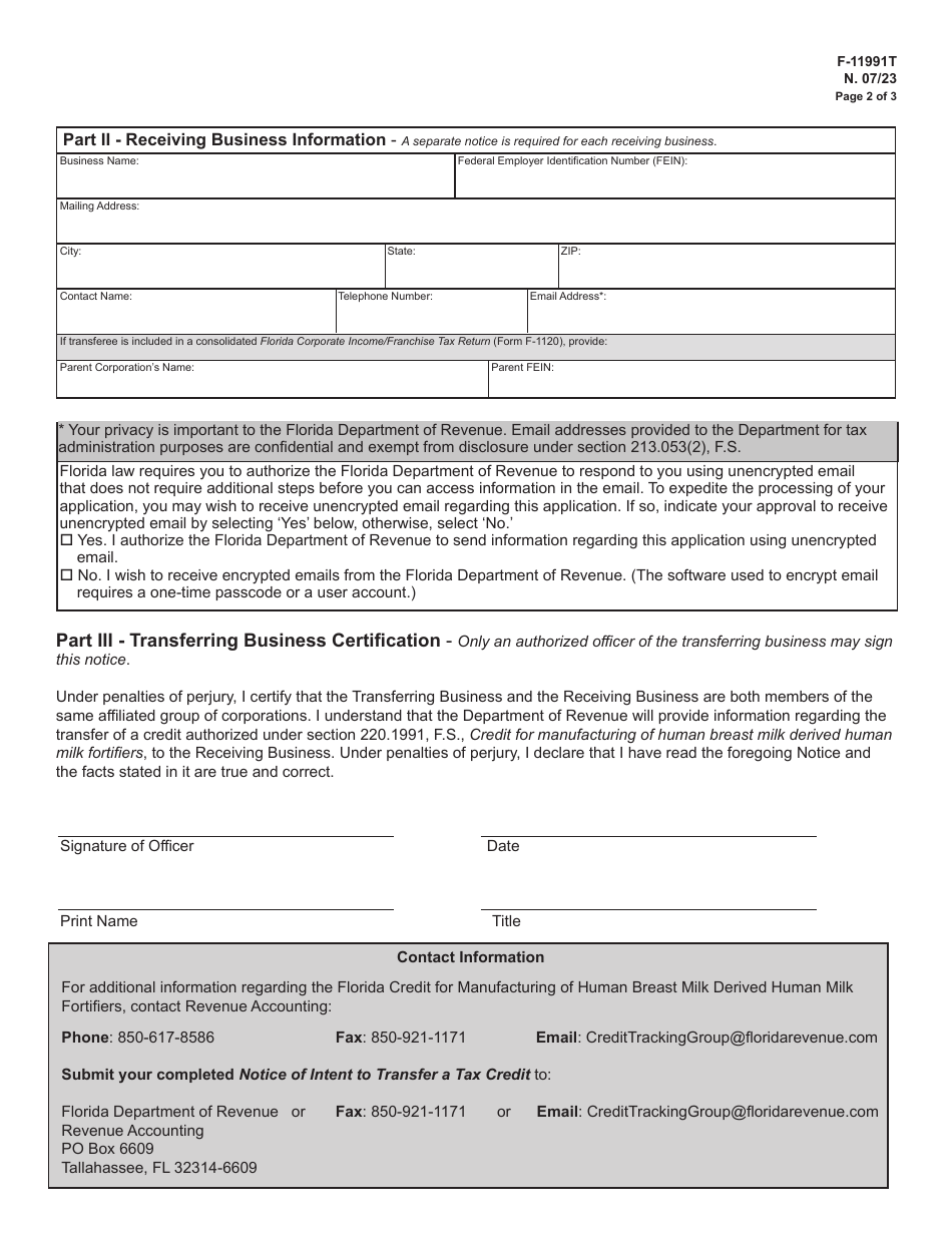 Form F-11991T Florida Credit for Manufacturing of Human Breast Milk Derived Human Milk Fortifiers Notice of Intent to Transfer a Tax Credit - Florida, Page 2