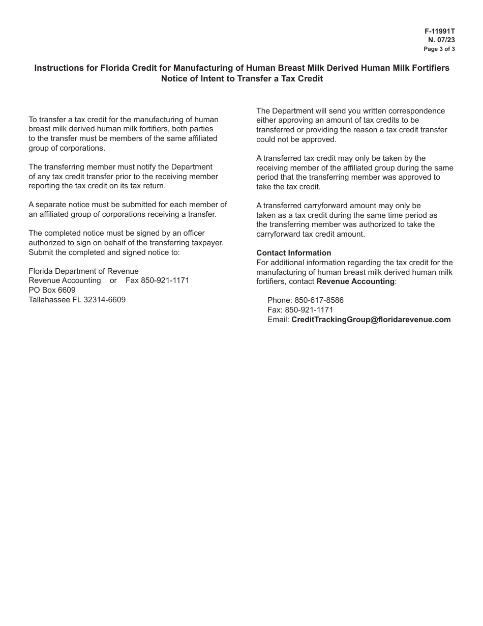 Form F-11991T Florida Credit for Manufacturing of Human Breast Milk Derived Human Milk Fortifiers Notice of Intent to Transfer a Tax Credit - Florida, Page 3