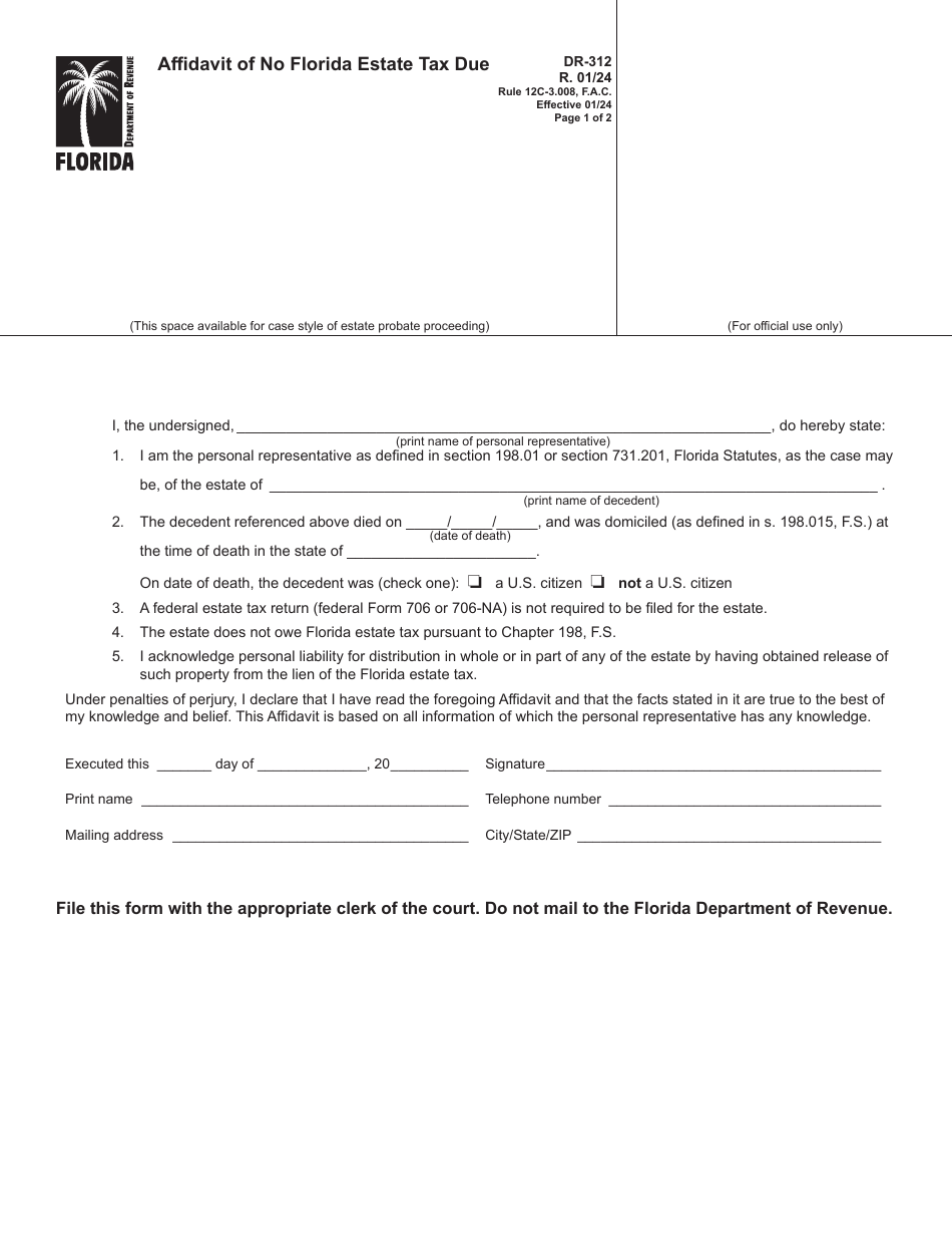 Form DR-312 Affidavit of No Florida Estate Tax Due - Florida, Page 1