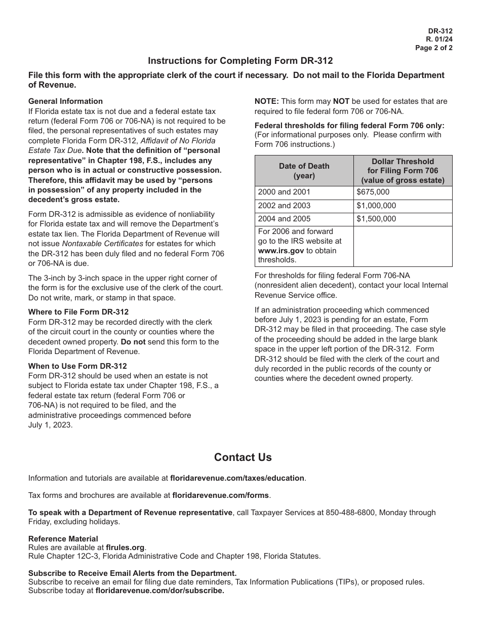 Form DR-312 Affidavit of No Florida Estate Tax Due - Florida, Page 2