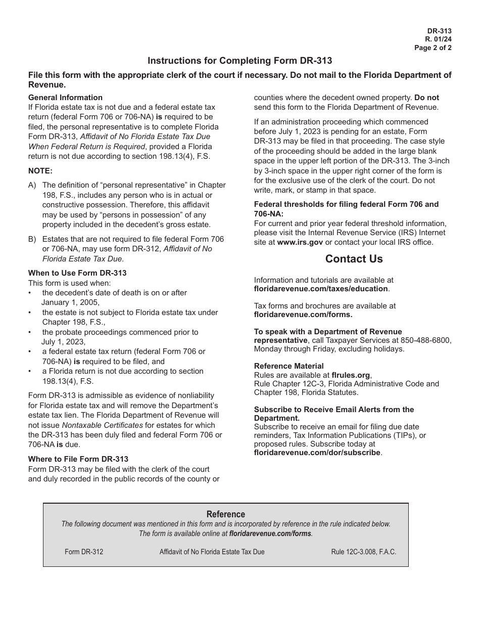 Form DR-313 Affidavit of No Florida Estate Tax Due When Federal Return Is Required - Florida, Page 2