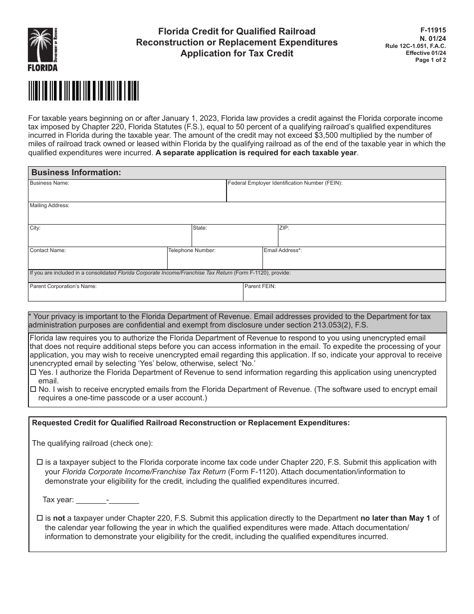 Form F-11915 Florida Credit for Qualified Railroad Reconstruction or Replacement Expenditures Application for Tax Credit - Florida, Page 1