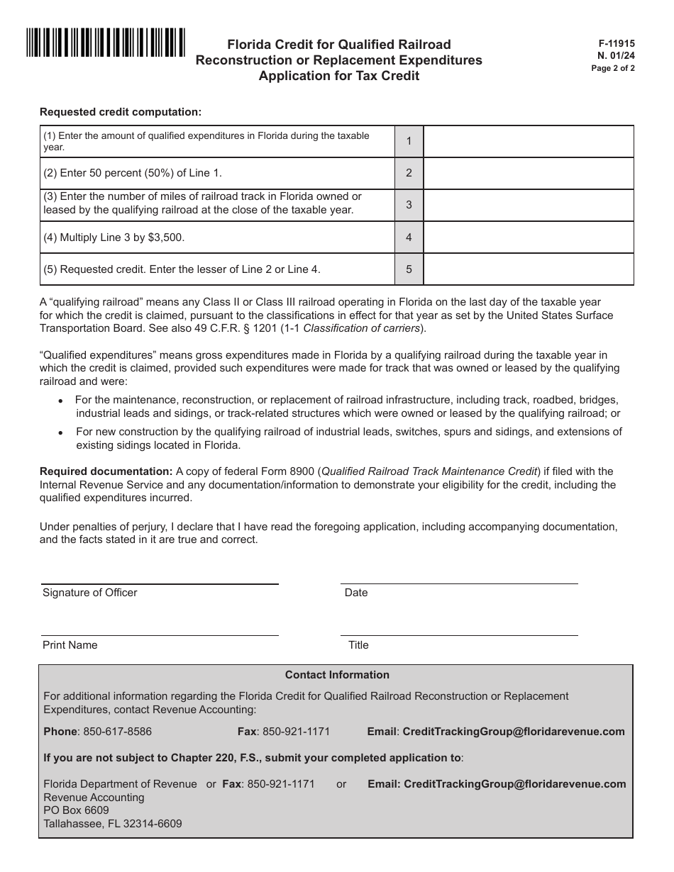 Form F-11915 Florida Credit for Qualified Railroad Reconstruction or Replacement Expenditures Application for Tax Credit - Florida, Page 2