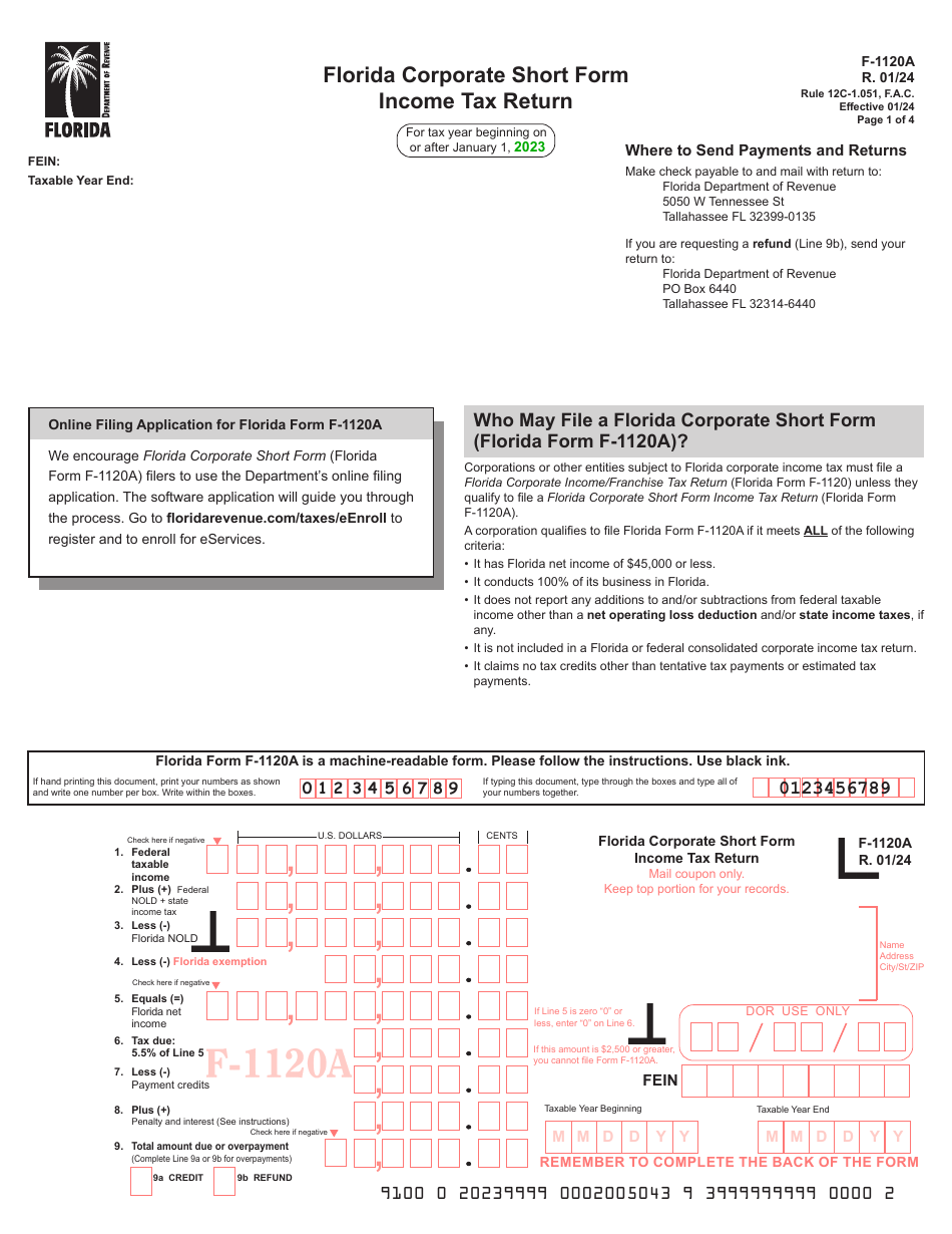 Form F-1120A Florida Corporate Short Form - Income Tax Return - Florida, Page 1