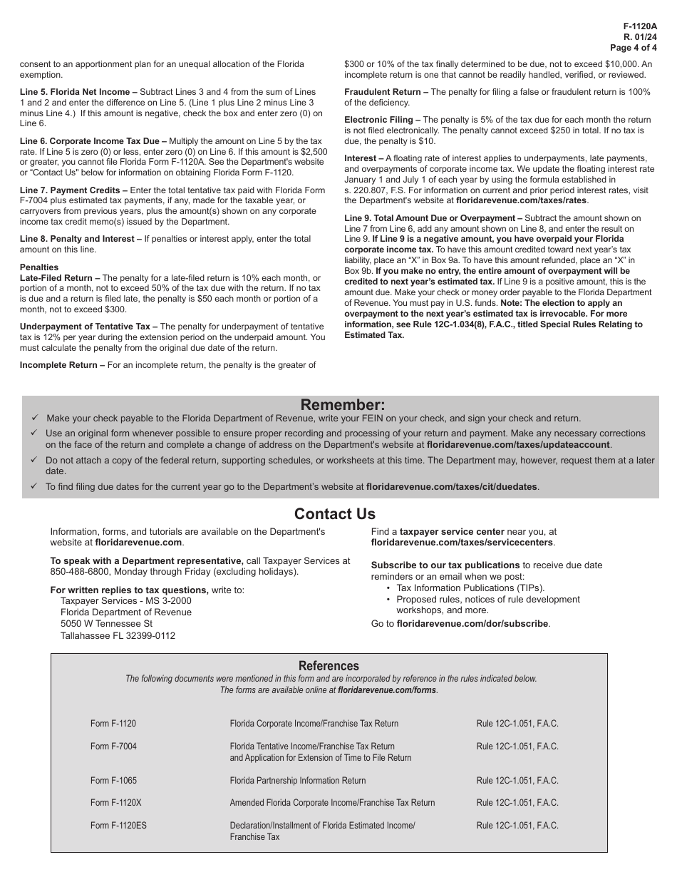 Form F-1120A Florida Corporate Short Form - Income Tax Return - Florida, Page 4