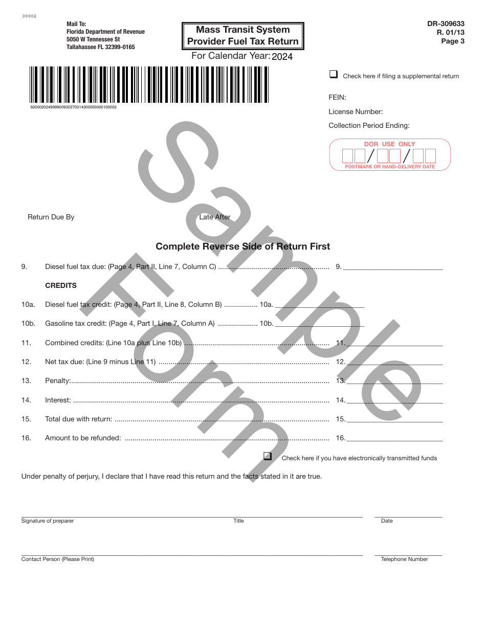 Form DR-309633 Mass Transit System Provider Fuel Tax Return - Sample - Florida, Page 3