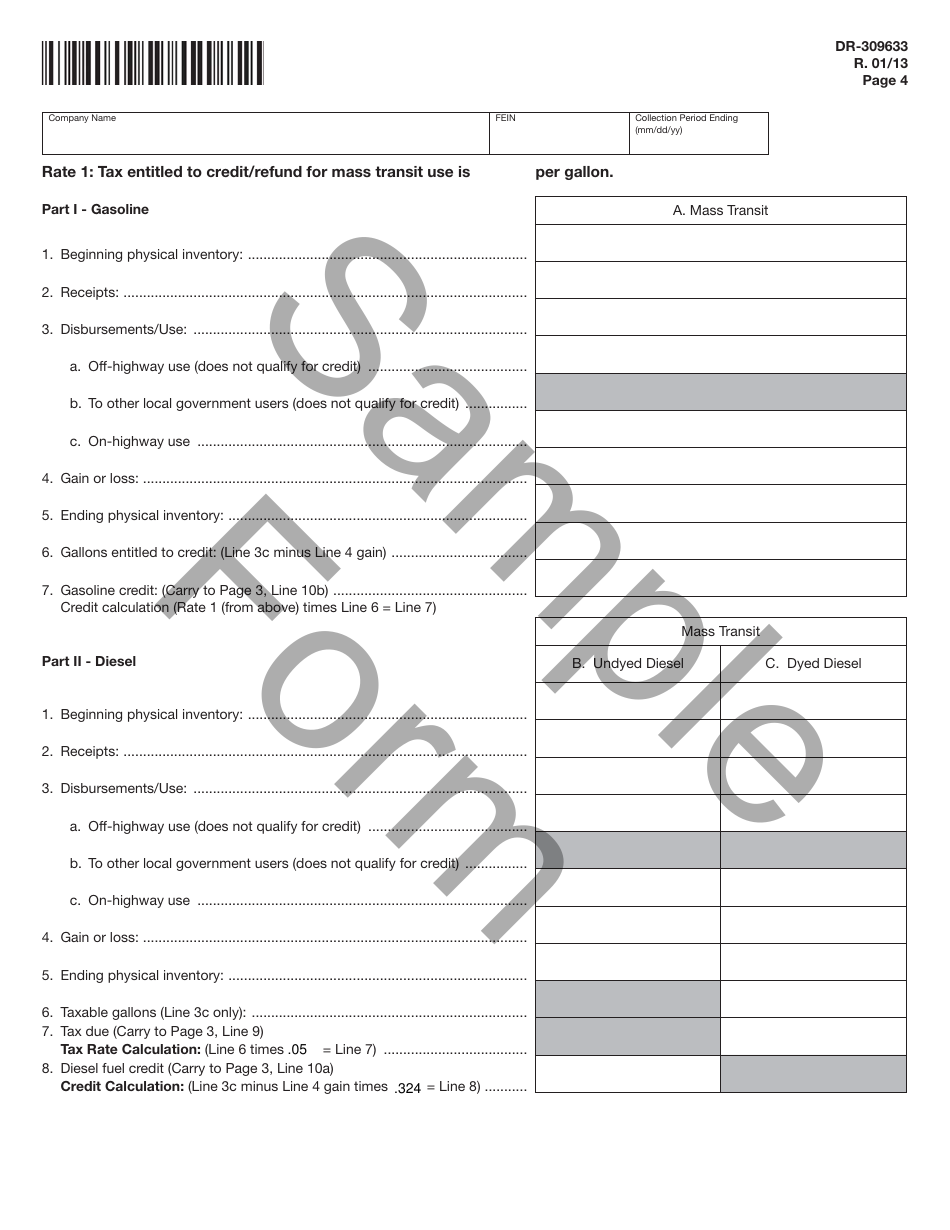 Form DR-309633 Mass Transit System Provider Fuel Tax Return - Sample - Florida, Page 4