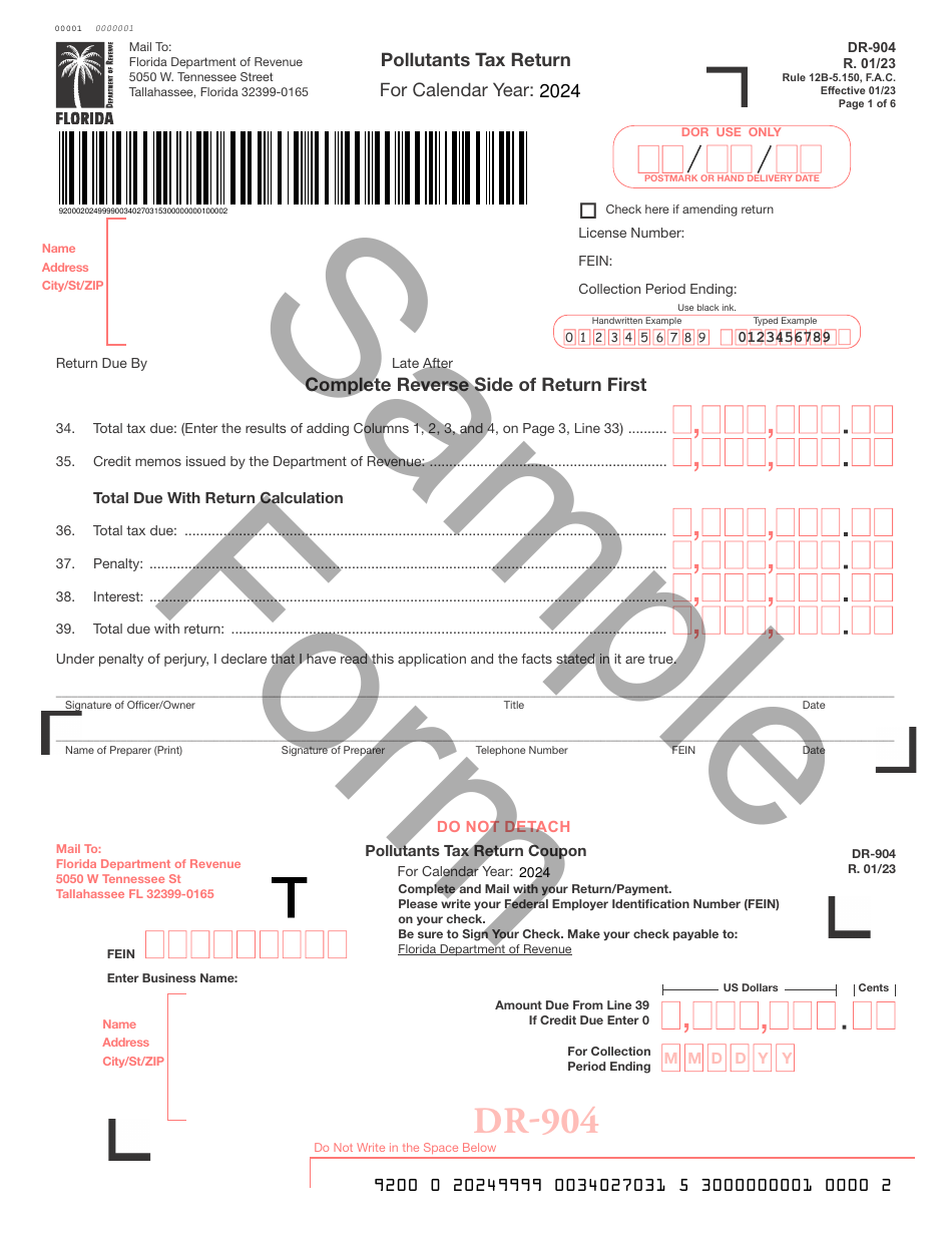 Form DR-904 Pollutants Tax Return - Sample - Florida, Page 1
