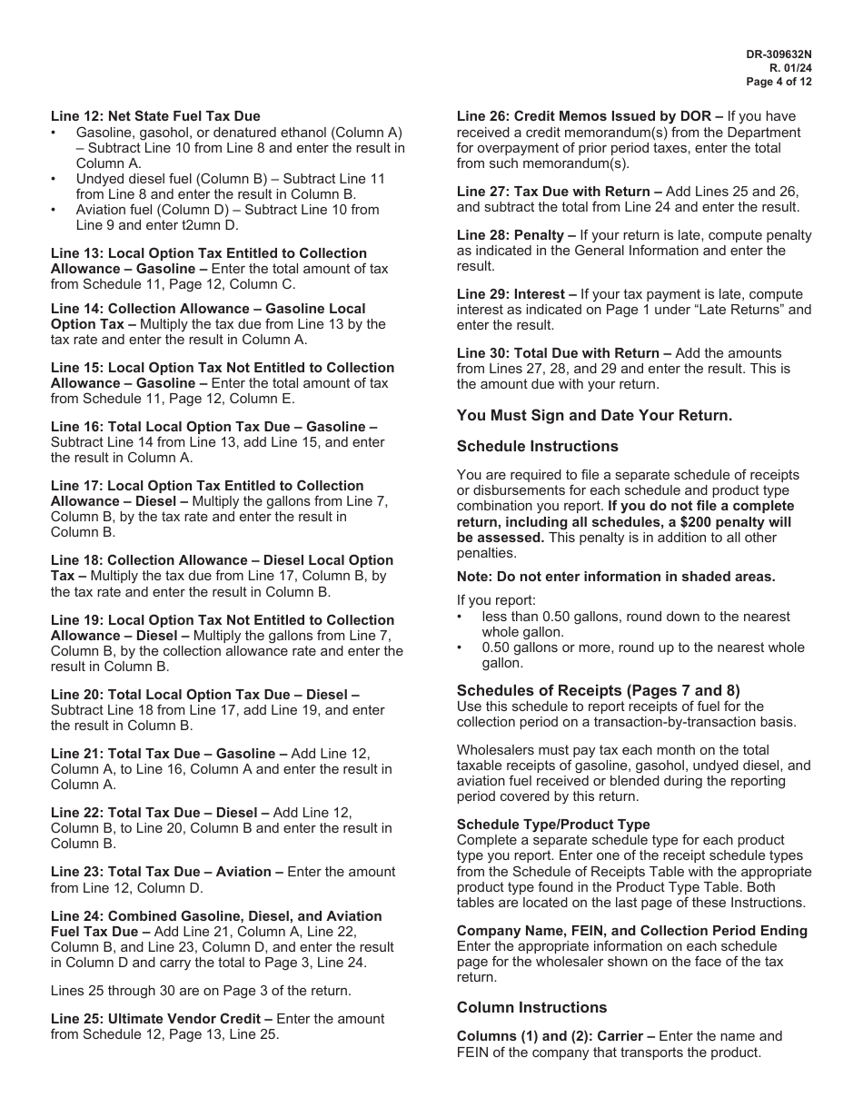 Instructions for Form DR-309632 Wholesaler / Importer Fuel Tax Return - Florida, Page 4