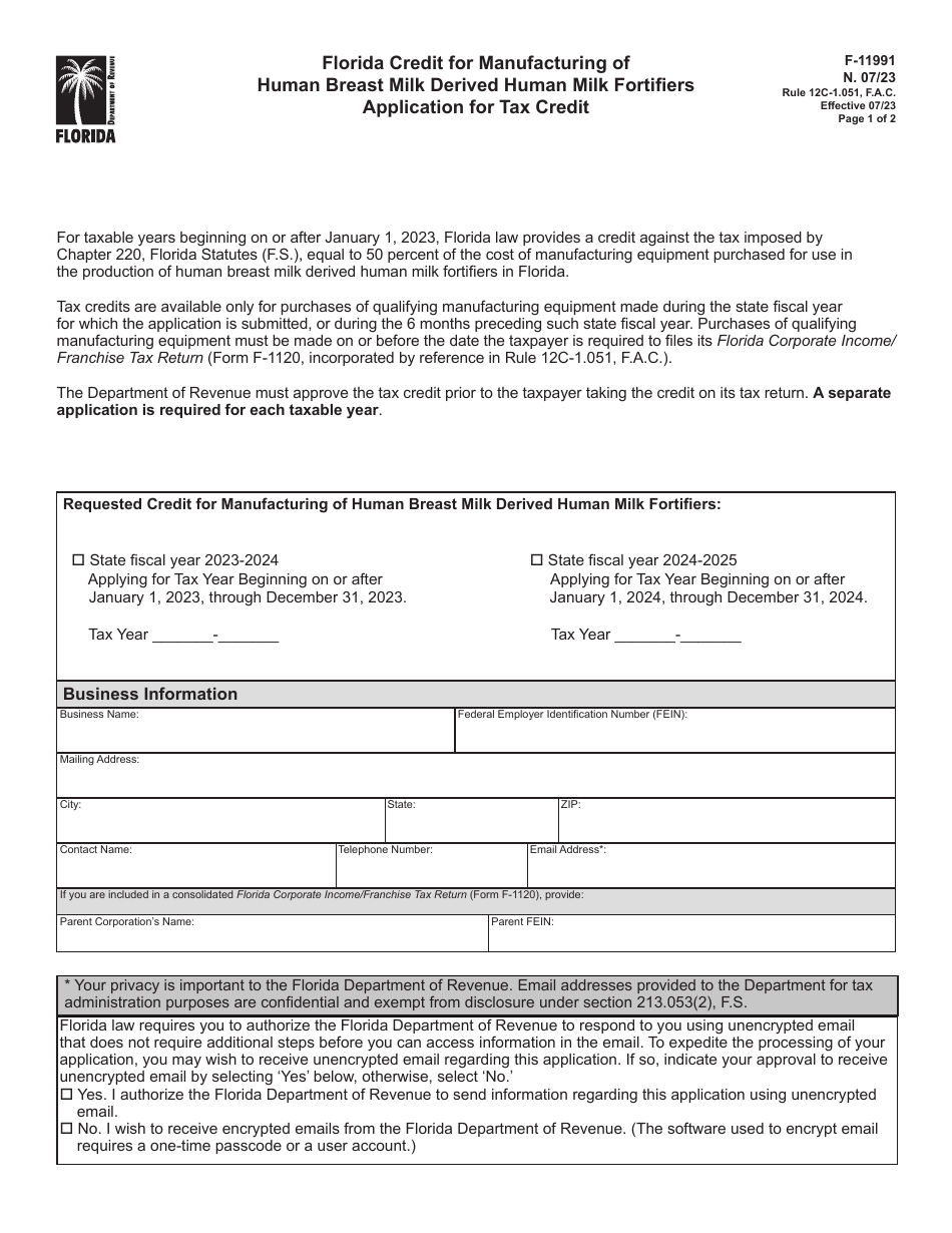 Form F-11991 Application for Tax Credit - Florida Credit for Manufacturing of Human Breast Milk Derived Human Milk Fortifiers - Florida, Page 1