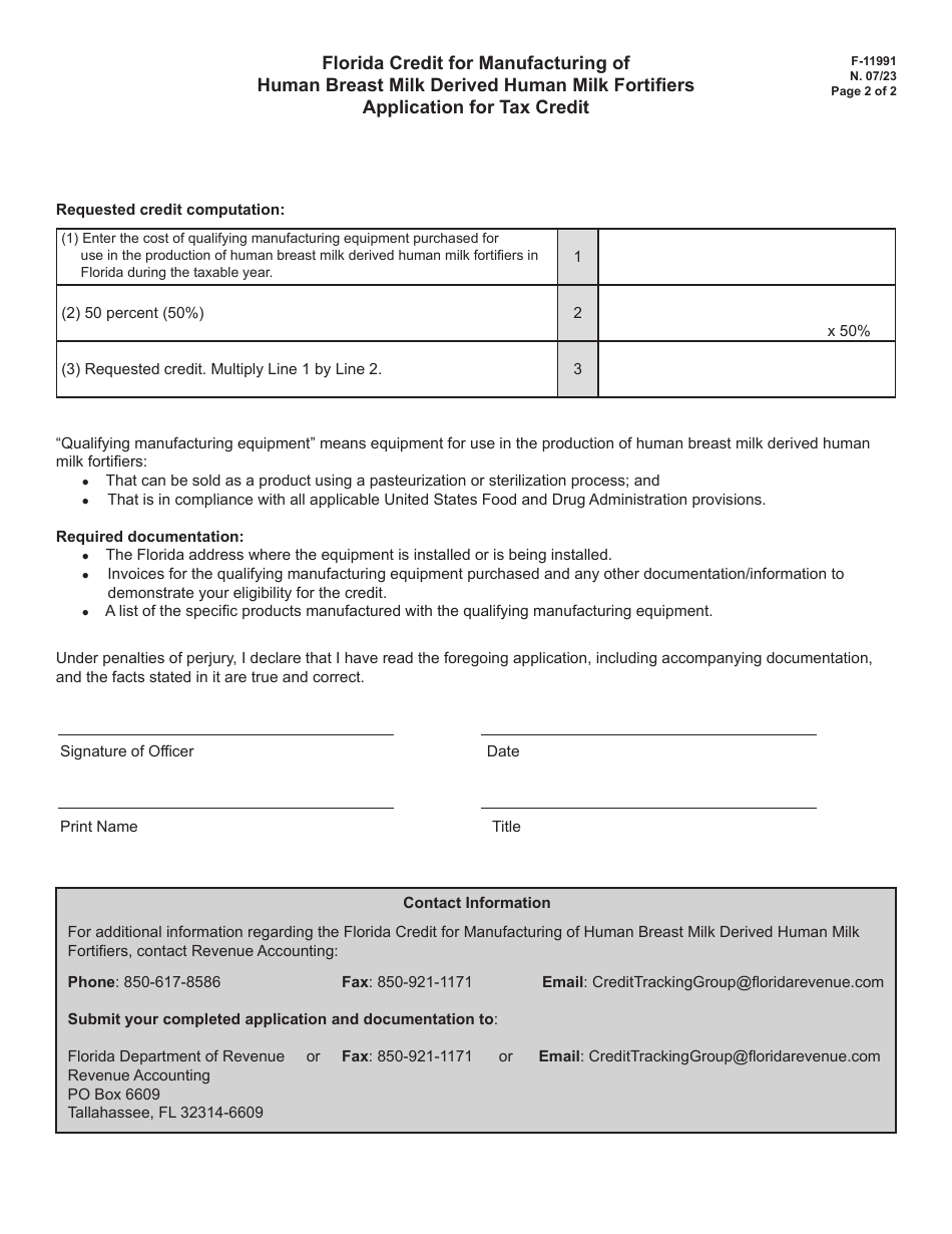 Form F-11991 Application for Tax Credit - Florida Credit for Manufacturing of Human Breast Milk Derived Human Milk Fortifiers - Florida, Page 2