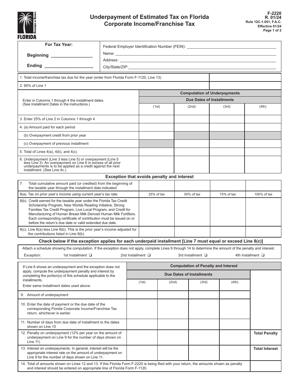 Form F-2220 Underpayment of Estimated Tax on Florida Corporate Income / Franchise Tax - Florida, Page 1