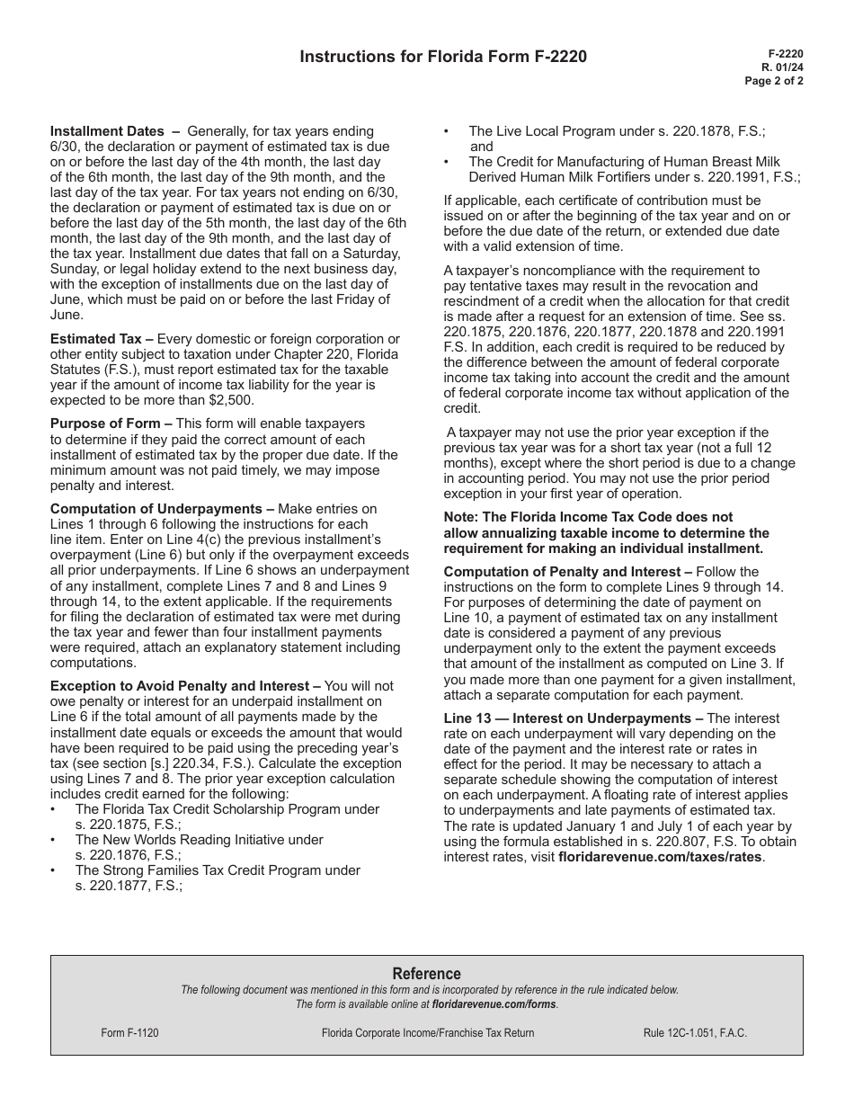 Form F-2220 Underpayment of Estimated Tax on Florida Corporate Income / Franchise Tax - Florida, Page 2