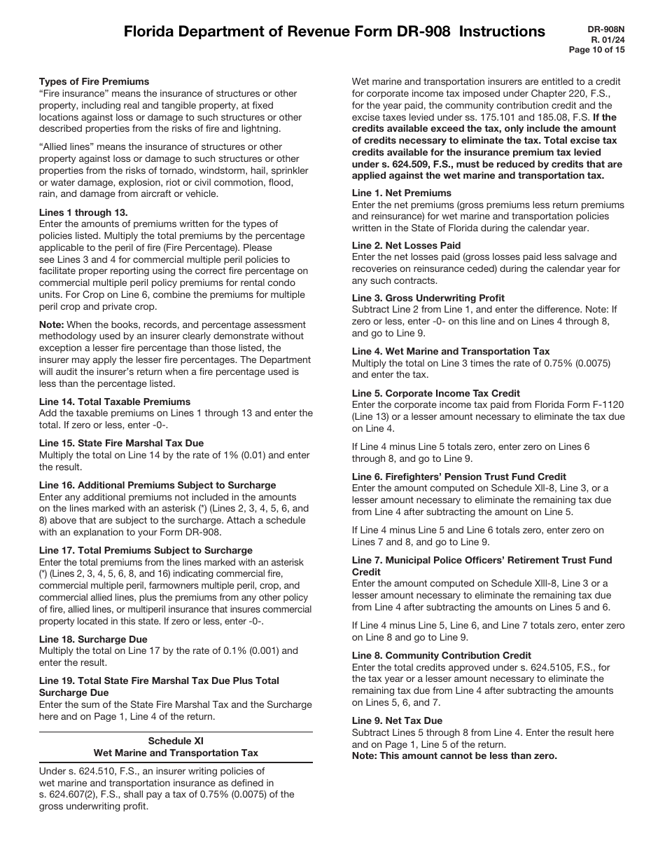 Instructions for Form DR-908 Insurance Premium Taxes and Fees Return - Florida, Page 10