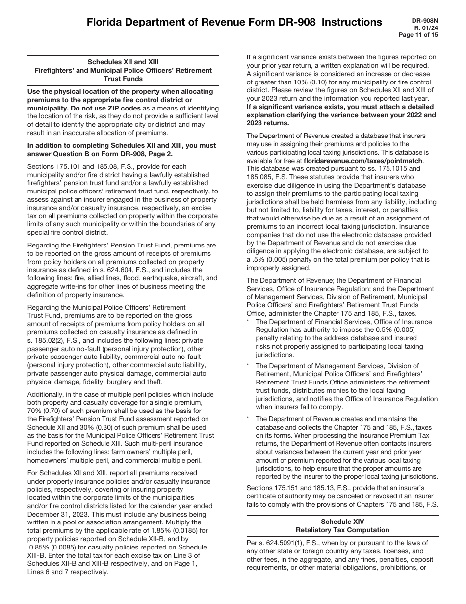 Instructions for Form DR-908 Insurance Premium Taxes and Fees Return - Florida, Page 11