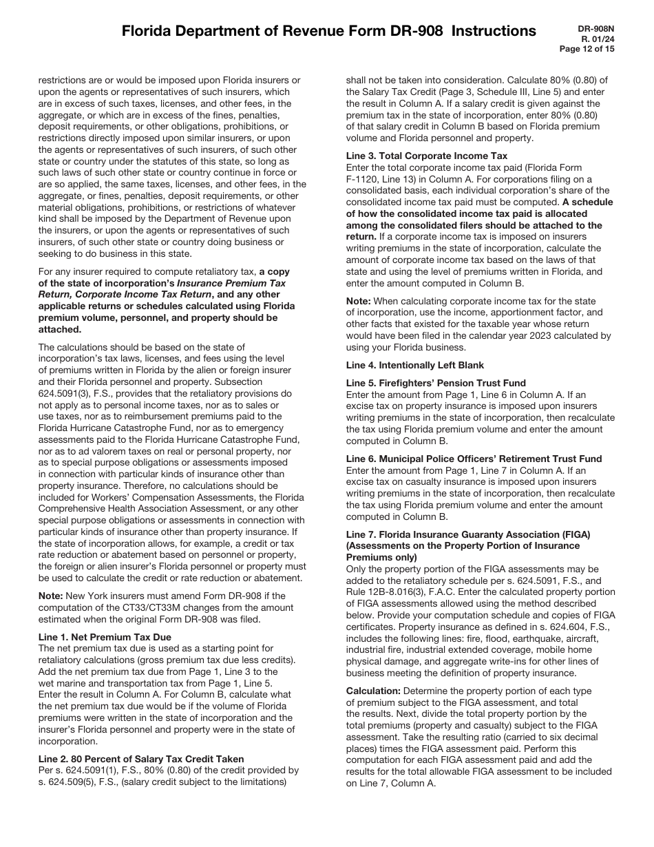 Instructions for Form DR-908 Insurance Premium Taxes and Fees Return - Florida, Page 12