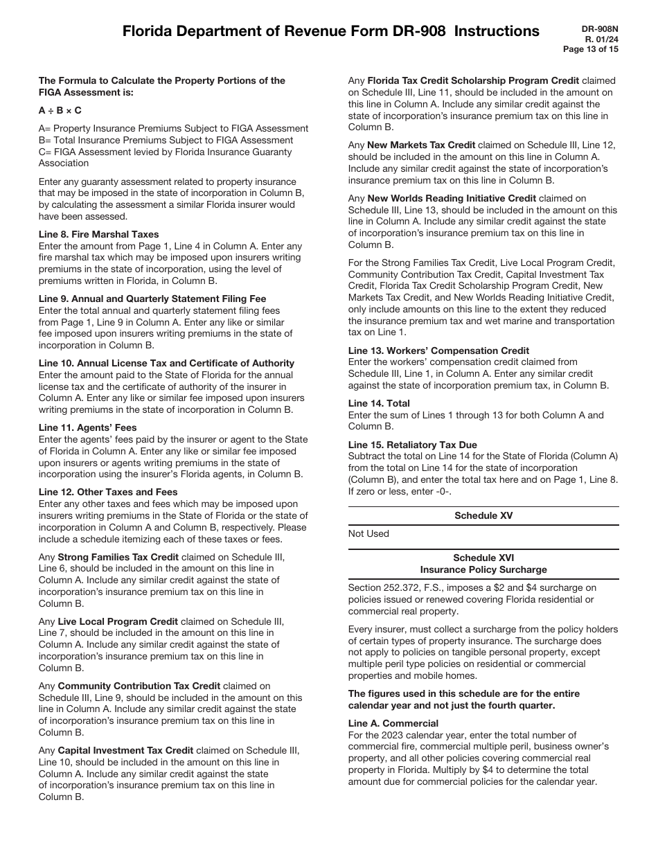 Instructions for Form DR-908 Insurance Premium Taxes and Fees Return - Florida, Page 13