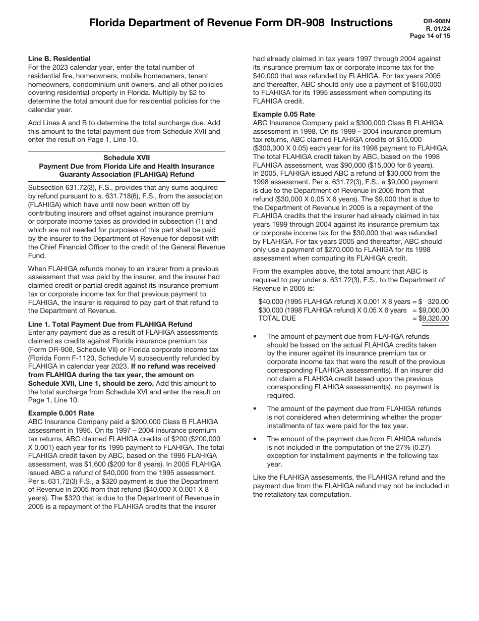 Instructions for Form DR-908 Insurance Premium Taxes and Fees Return - Florida, Page 14