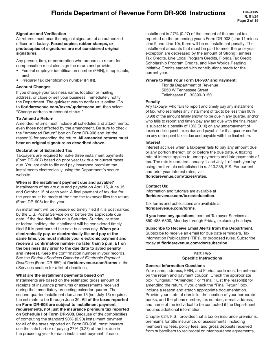 Instructions for Form DR-908 Insurance Premium Taxes and Fees Return - Florida, Page 2