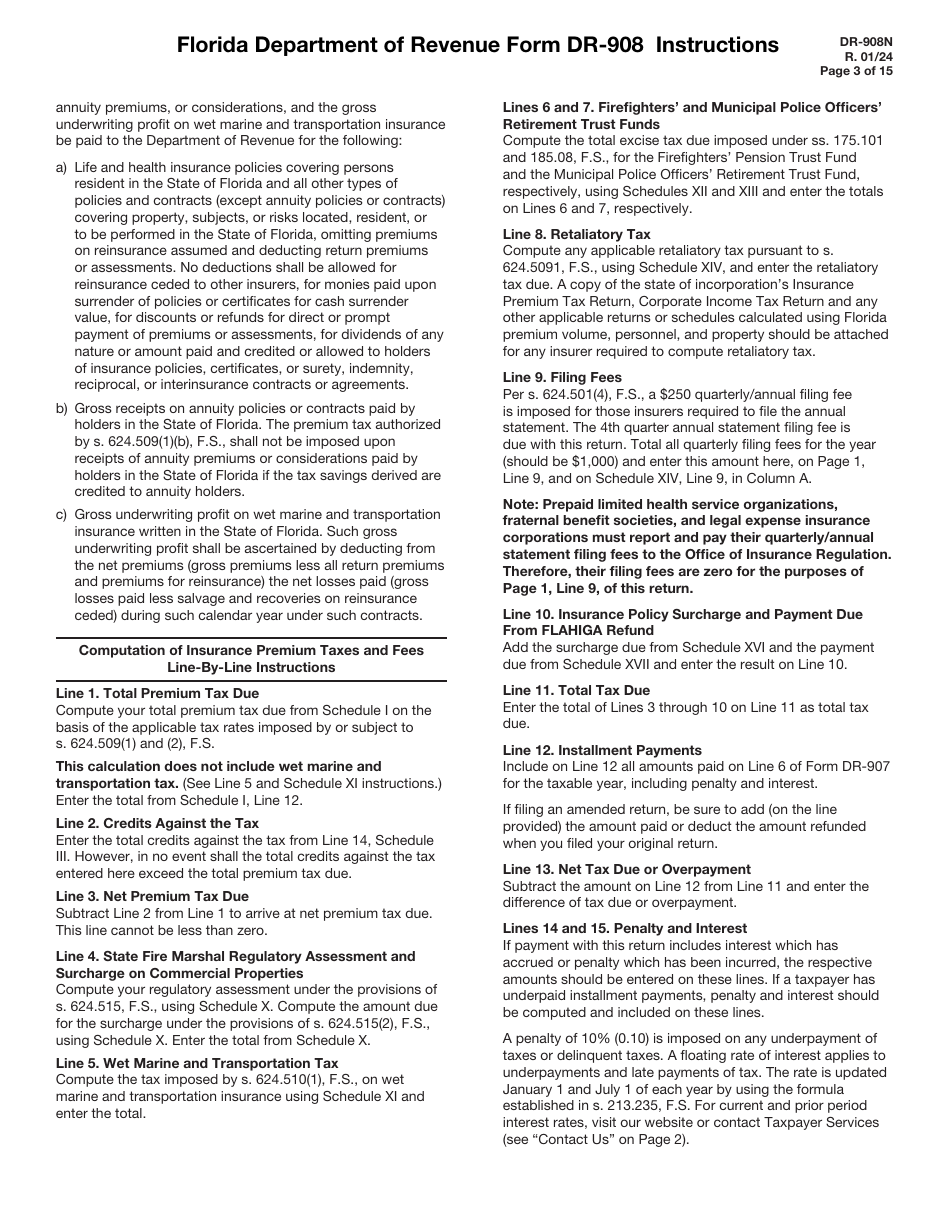 Instructions for Form DR-908 Insurance Premium Taxes and Fees Return - Florida, Page 3