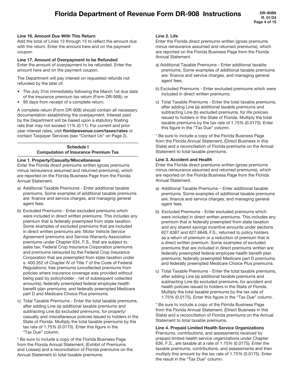 Instructions for Form DR-908 Insurance Premium Taxes and Fees Return - Florida, Page 4