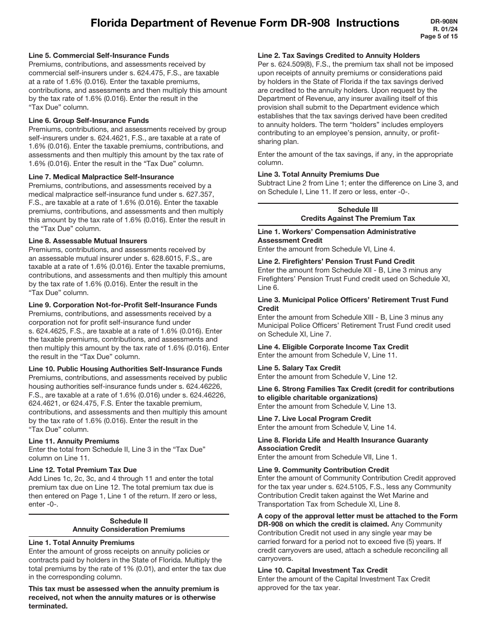 Instructions for Form DR-908 Insurance Premium Taxes and Fees Return - Florida, Page 5