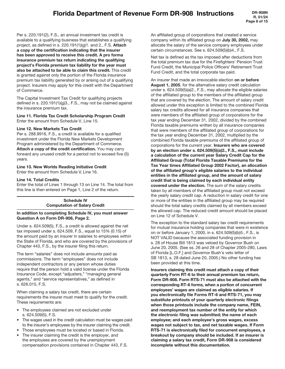 Instructions for Form DR-908 Insurance Premium Taxes and Fees Return - Florida, Page 6