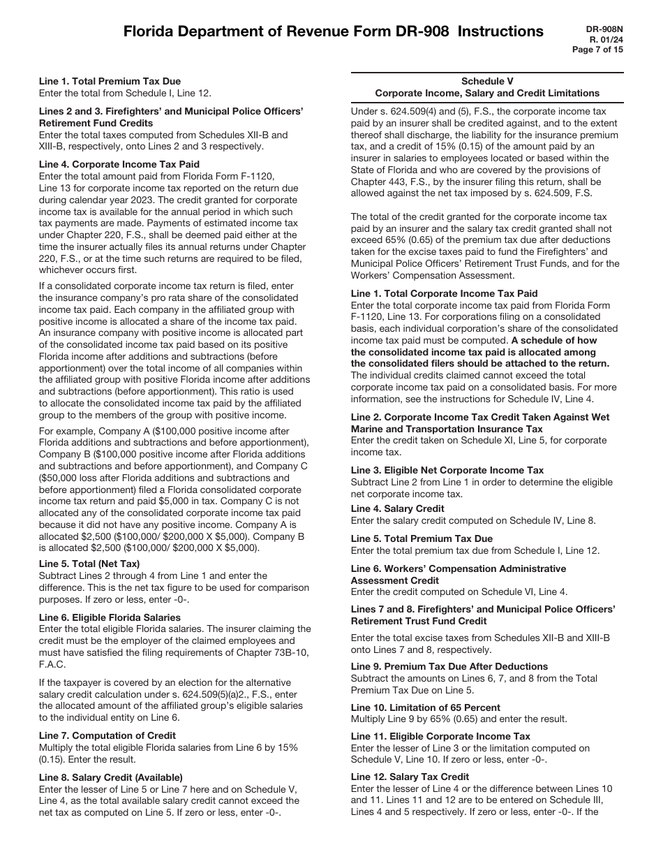 Instructions for Form DR-908 Insurance Premium Taxes and Fees Return - Florida, Page 7