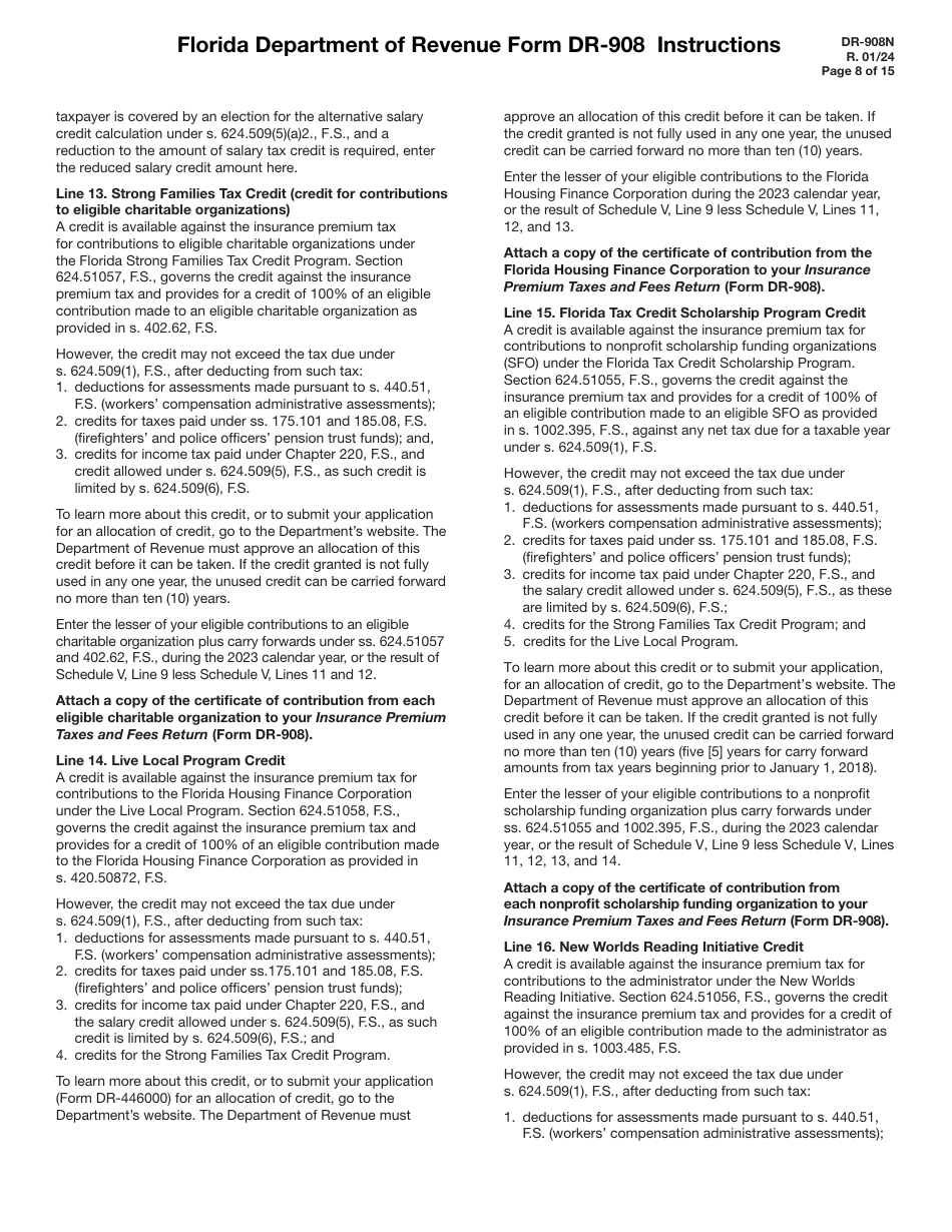 Instructions for Form DR-908 Insurance Premium Taxes and Fees Return - Florida, Page 8