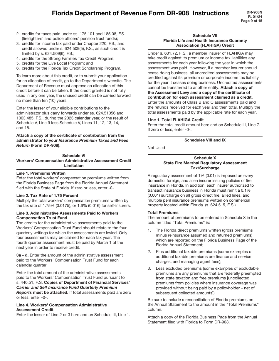 Instructions for Form DR-908 Insurance Premium Taxes and Fees Return - Florida, Page 9