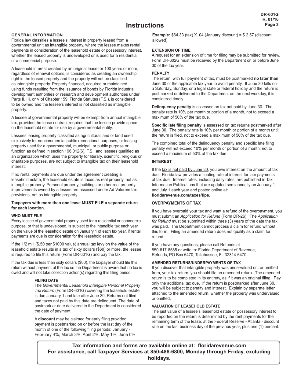 Form DR-601G Governmental Leasehold Intangible Personal Property Tax Return - Florida, Page 3
