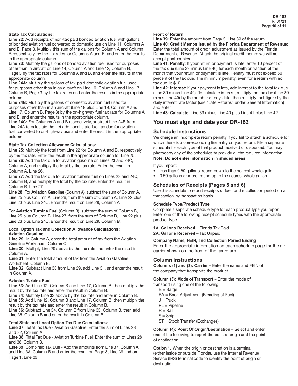 Form DR-182 Florida Air Carrier Fuel Tax Return - Sample - Florida, Page 10