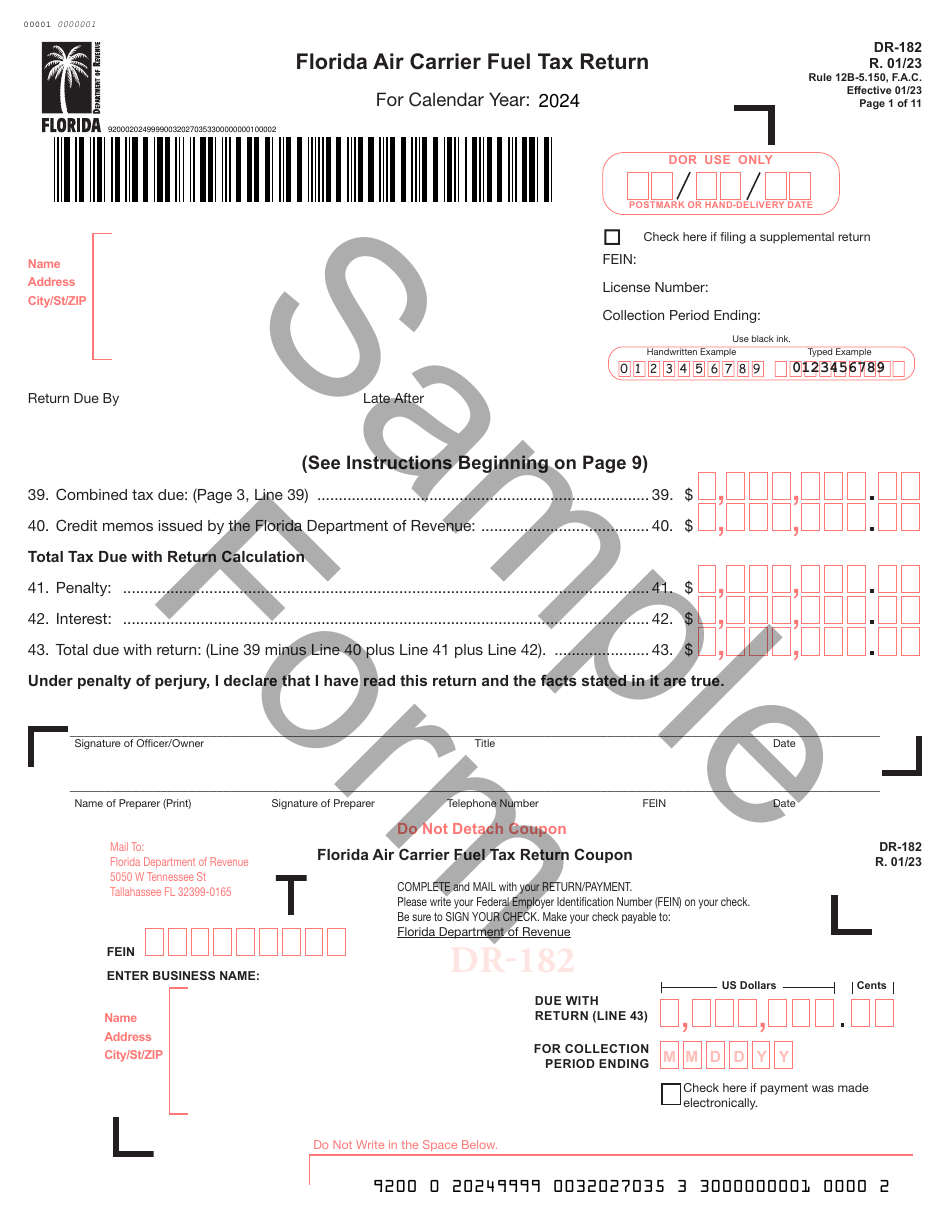 Form DR-182 Florida Air Carrier Fuel Tax Return - Sample - Florida, Page 1