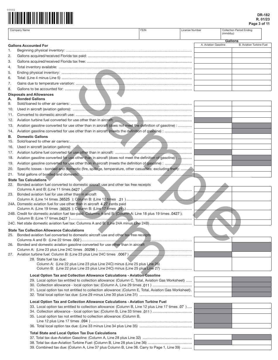 Form DR-182 Florida Air Carrier Fuel Tax Return - Sample - Florida, Page 3
