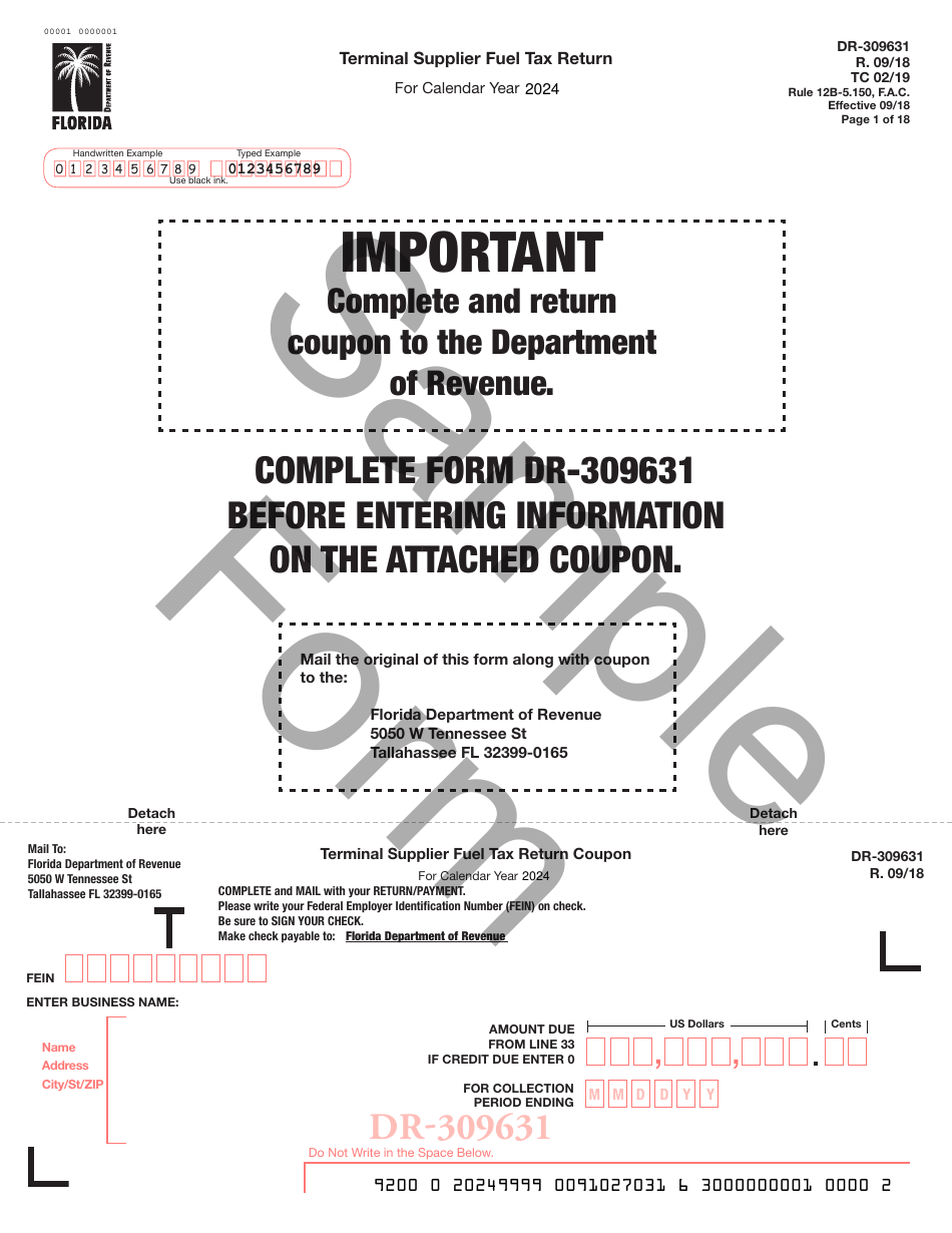 Form DR-309631 Terminal Supplier Fuel Tax Return - Sample - Florida, Page 1