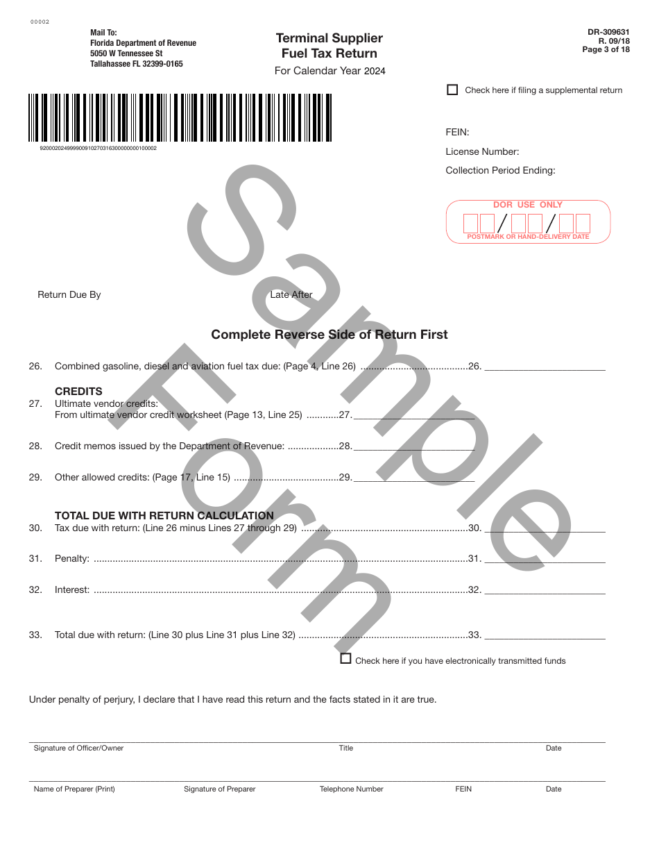 Form DR-309631 Terminal Supplier Fuel Tax Return - Sample - Florida, Page 3