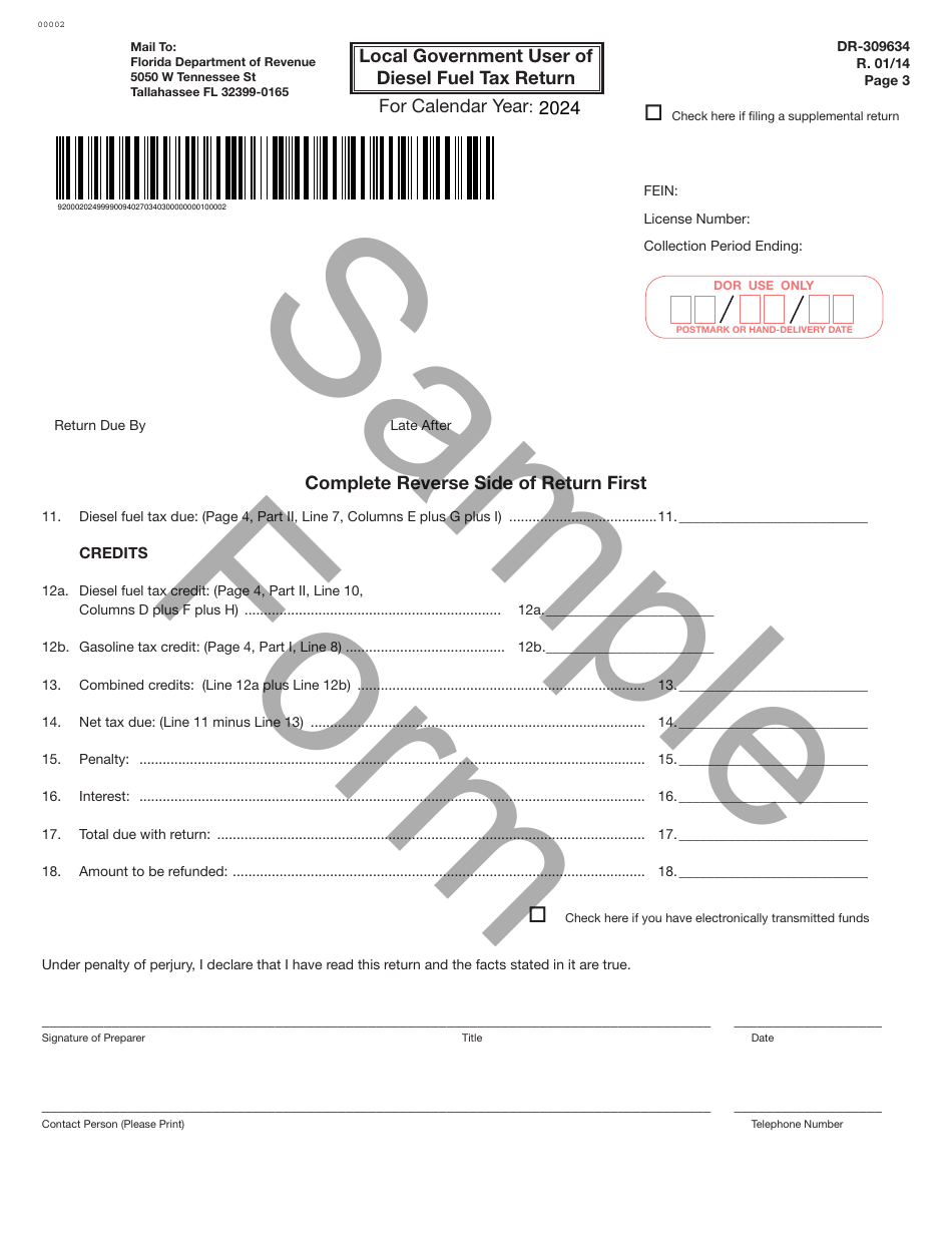 Form DR-309634 Local Government User of Diesel Fuel Tax Return - Sample - Florida, Page 3