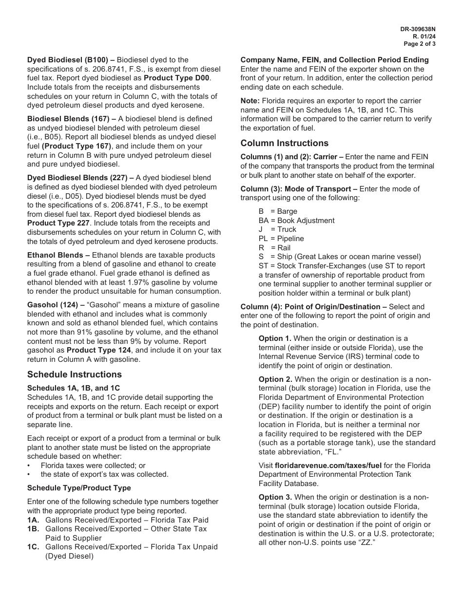 Instructions for Form DR-309638 Exporter Fuel Tax Return - Florida, Page 2