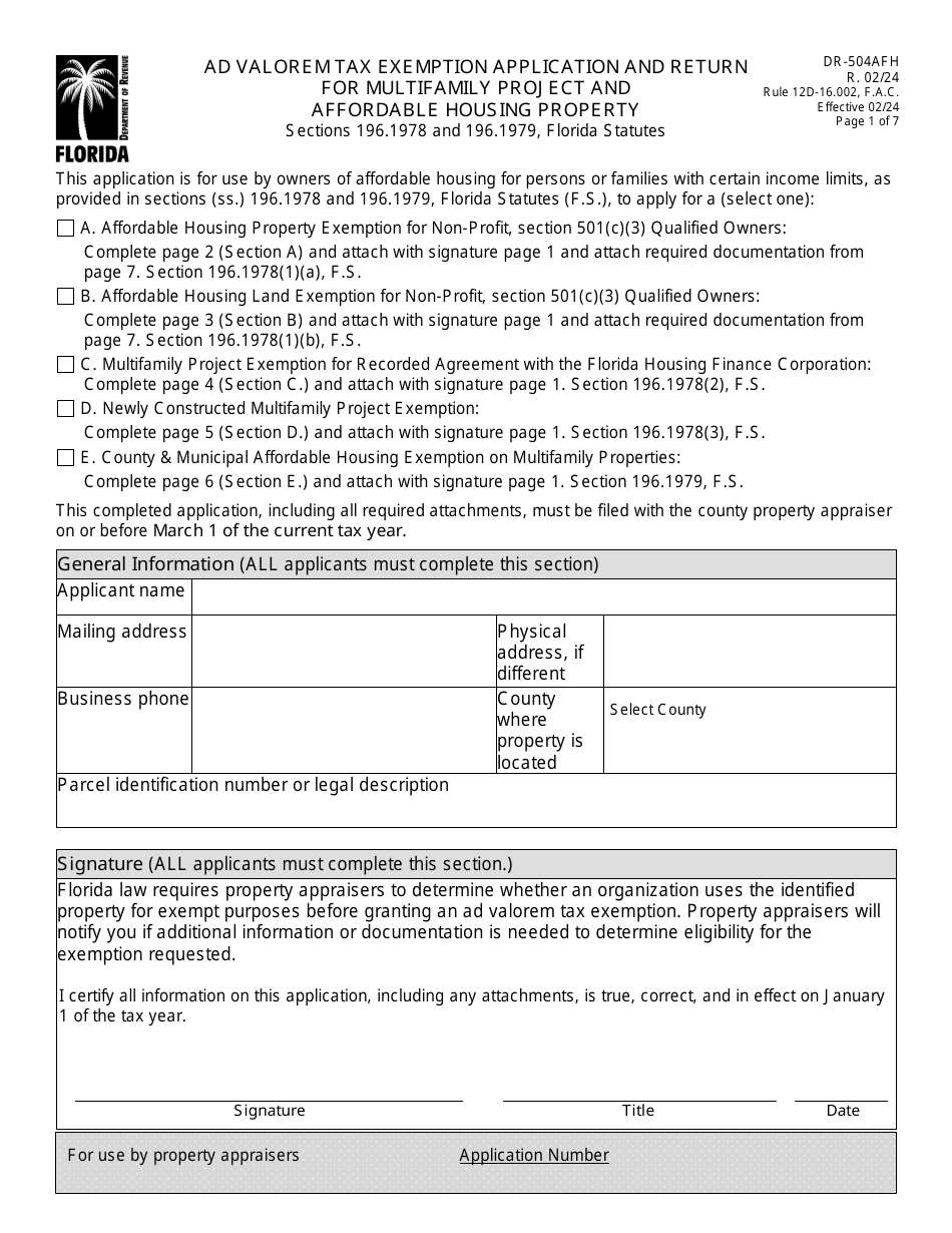 Form DR-504AFH Download Fillable PDF or Fill Online Ad Valorem Tax ...