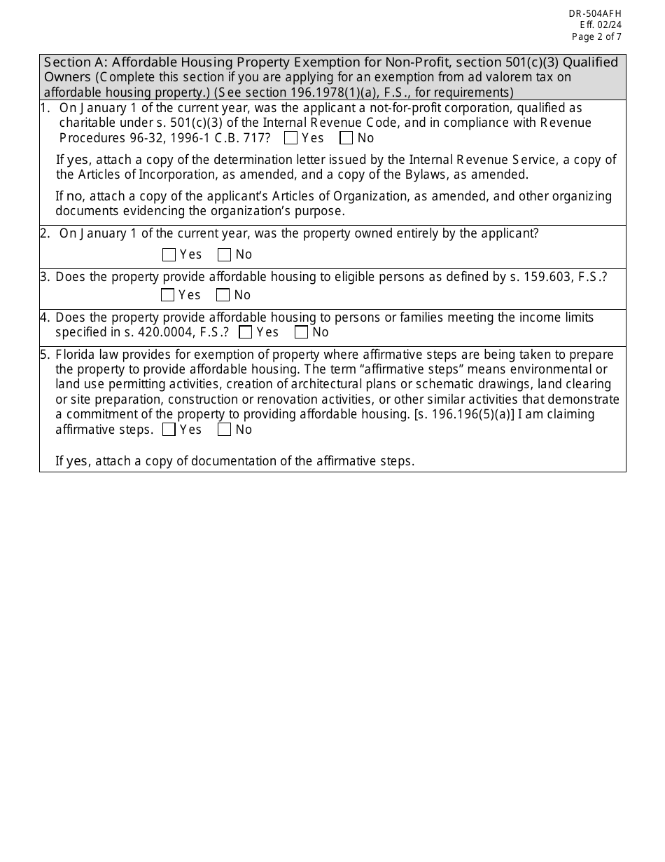 Form DR-504AFH Ad Valorem Tax Exemption Application and Return for Multifamily Project and Affordable Housing Property - Florida, Page 2