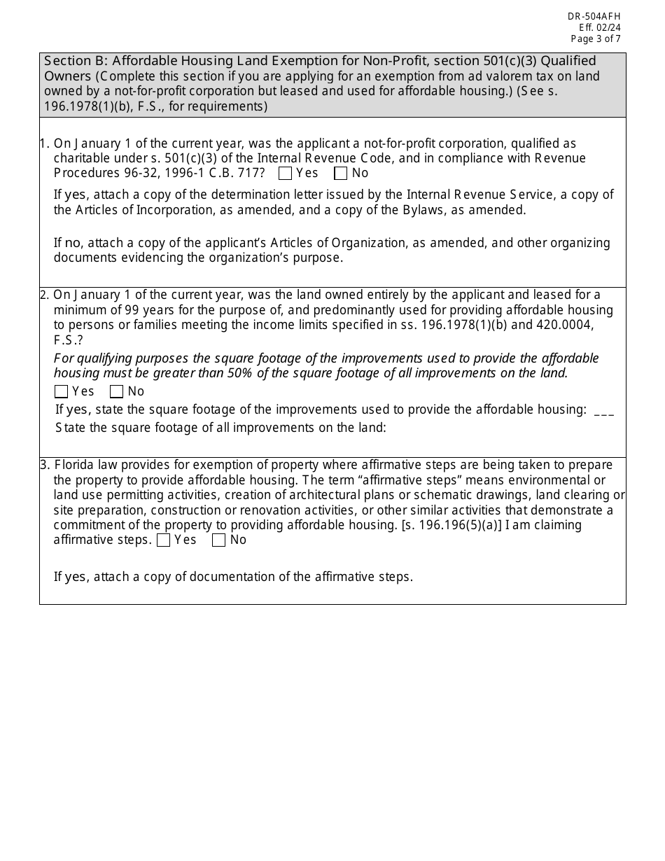 Form DR-504AFH Ad Valorem Tax Exemption Application and Return for Multifamily Project and Affordable Housing Property - Florida, Page 3