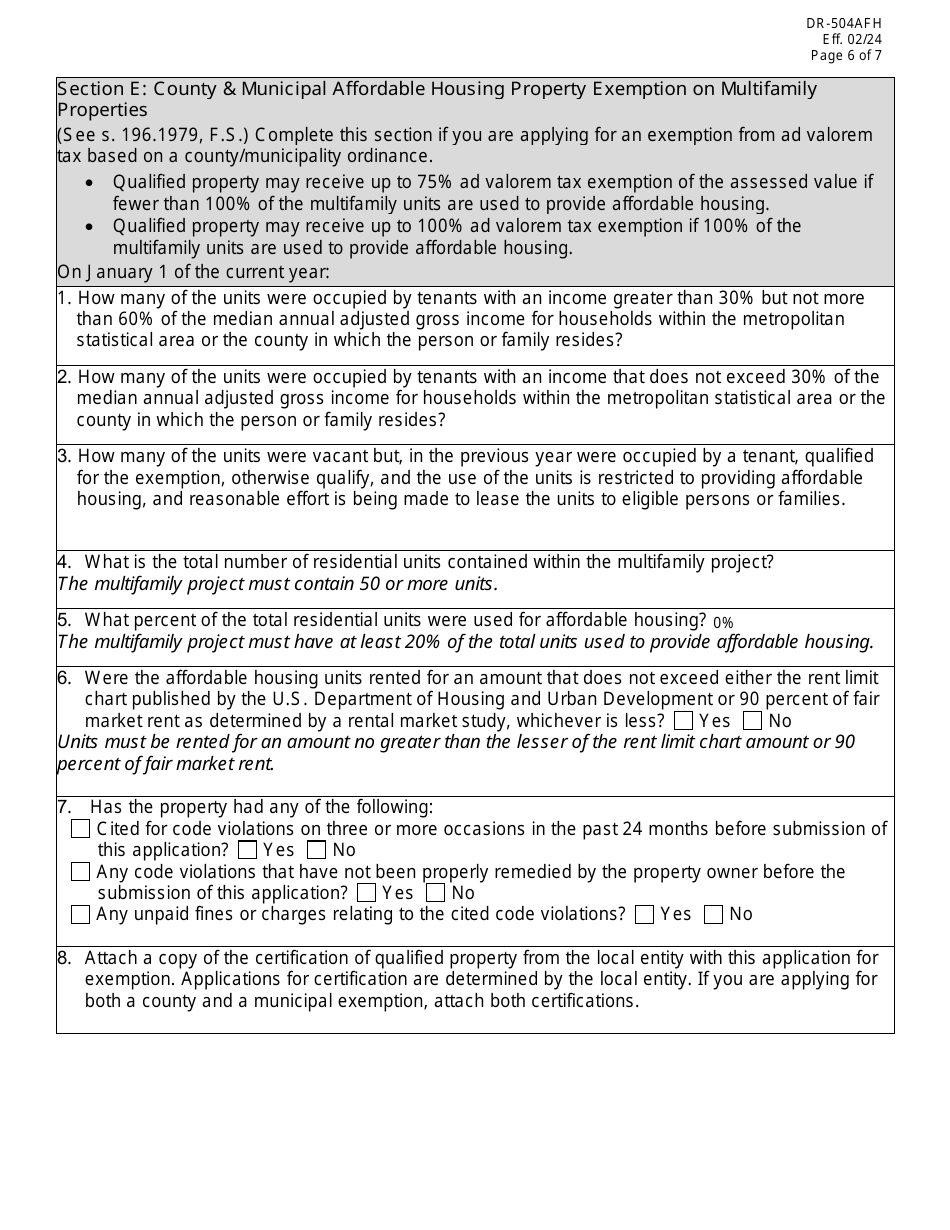 Form DR-504AFH Ad Valorem Tax Exemption Application and Return for Multifamily Project and Affordable Housing Property - Florida, Page 6