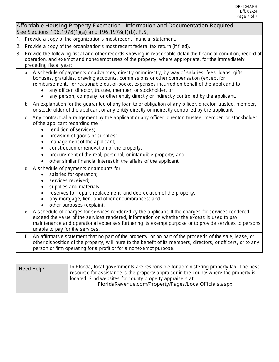 Form DR-504AFH Ad Valorem Tax Exemption Application and Return for Multifamily Project and Affordable Housing Property - Florida, Page 7