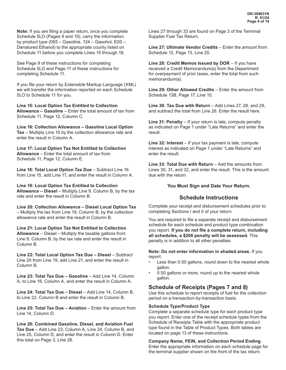 Instructions for Form DR-309631 Terminal Supplier Fuel Tax Return - Florida, Page 4