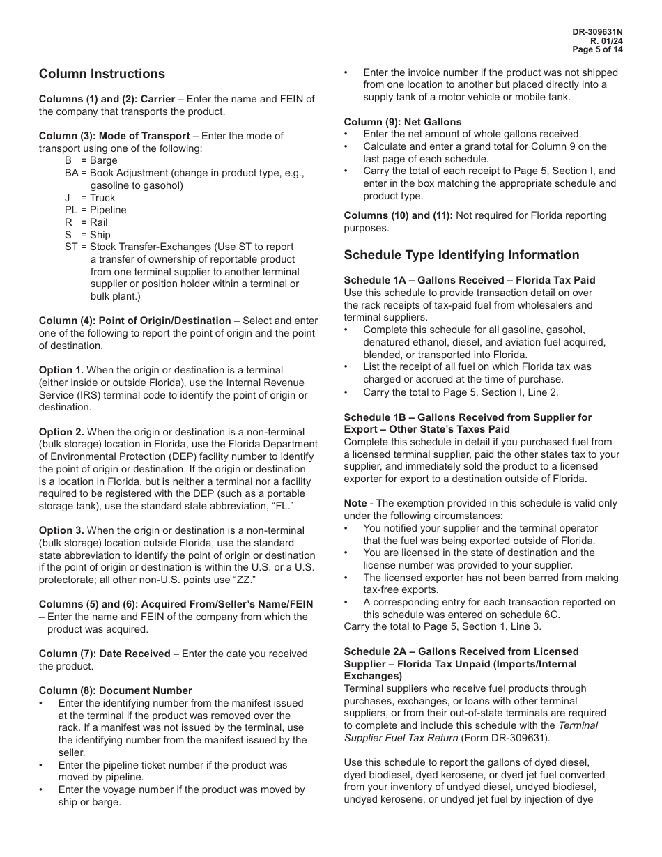 Instructions for Form DR-309631 Terminal Supplier Fuel Tax Return - Florida, Page 5